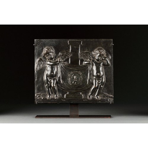 Italian Roman Rectangular Bronze Devotional Plaque Depicting Weeping Cherubim Displaying St Veronica’s Veil